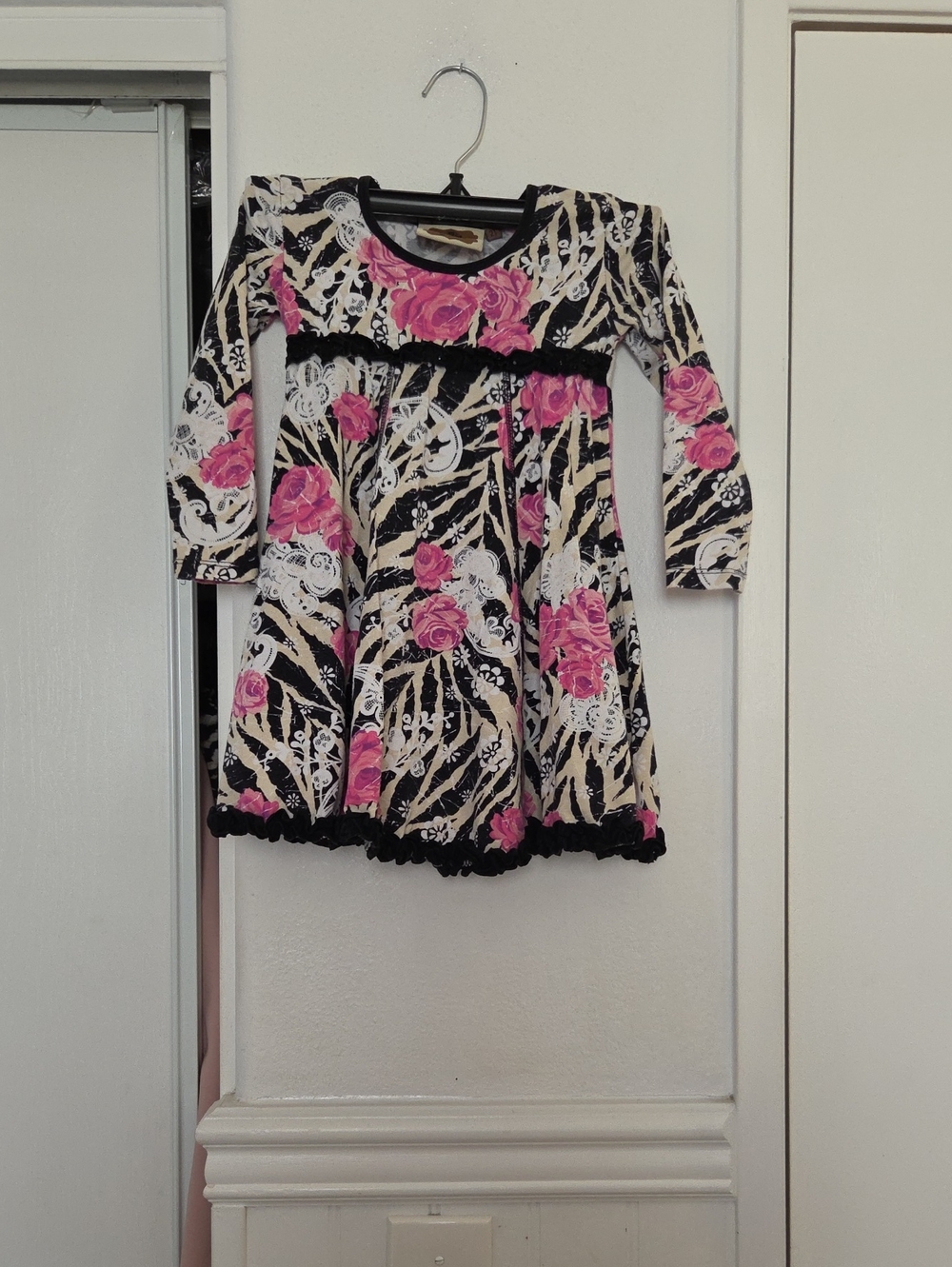 Girls Black Knit Dress with Pink Floral Print